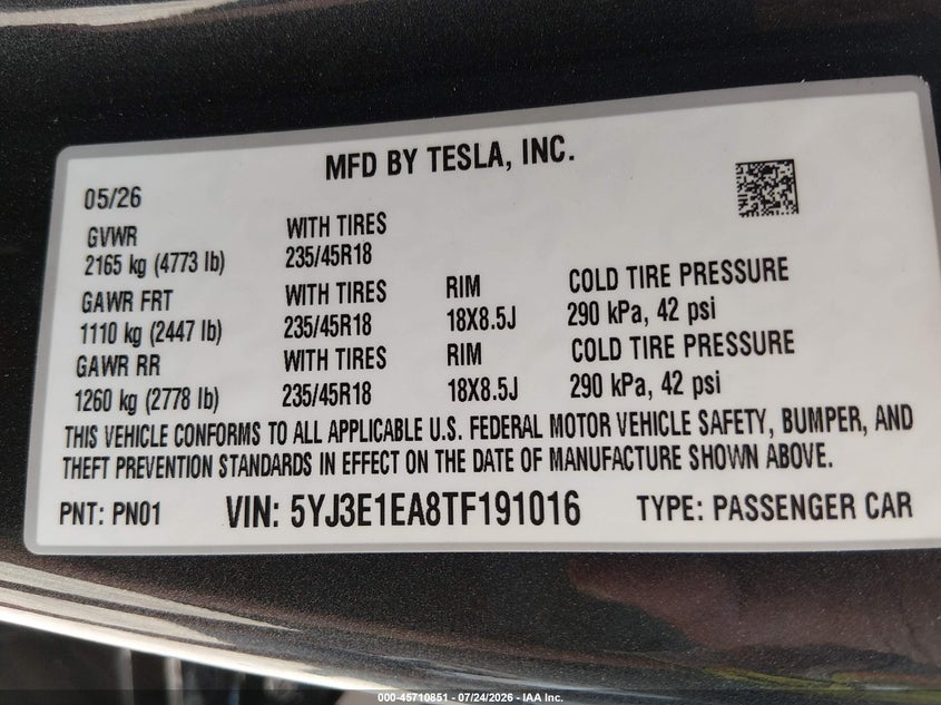 2026 Tesla Model 3 VIN 5YJ3E1EA8TF191016 IAAI salvage auction — FRONT END, Wait Title, sold $14,600 on 2026-10-04 (photo 9)