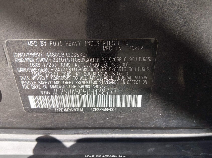 2013 Subaru Forester VIN JF2SHABC5DH438777 IAAI salvage auction — NORMAL WEAR, Clear - Dealer Only (California), sold $975 on 2026-07-28 (photo 9)