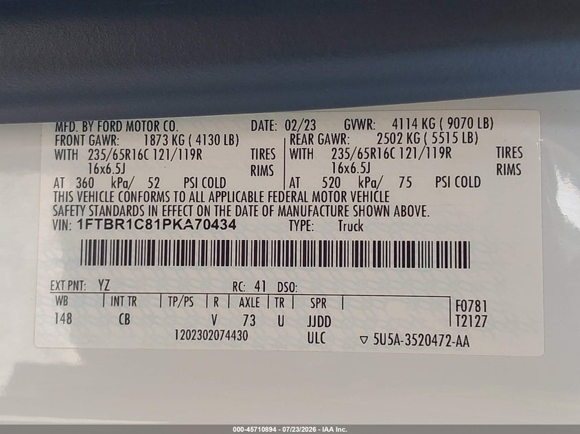 2023 Ford Transit-250 VIN 1FTBR1C81PKA70434 IAAI salvage auction — TRANSMISSION, Clear (Illinois), sold $9,950 on 2026-08-20 (photo 9)