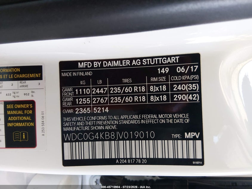 2018 Mercedes-benz Glc VIN WDC0G4KB8JV019010 IAAI salvage auction — FRONT END, Salvage Title, sold $6,700 on 2026-08-16 (photo 9)