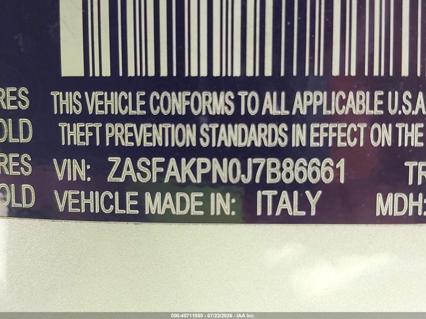 2018 Alfa romeo Stelvio VIN ZASFAKPN0J7B86661 IAAI salvage auction — FRONT END, Salvage - Greater Than 75% (Maryland), sold $4,825 on 2026-08-13 (photo 9)