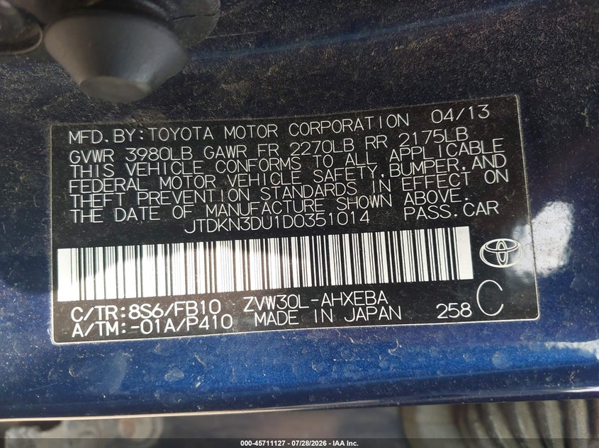 2013 Toyota Prius VIN JTDKN3DU1D0351014 IAAI salvage auction — FRONT END, Clear (Massachusetts), sold $675 on 2026-08-03 (photo 9)