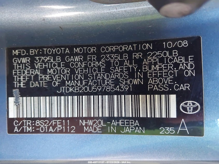 2009 Toyota Prius VIN JTDKB20U597854391 IAAI salvage auction — NORMAL WEAR, App For Dup Clear (California), sold $25 on 2026-07-28 (photo 9)