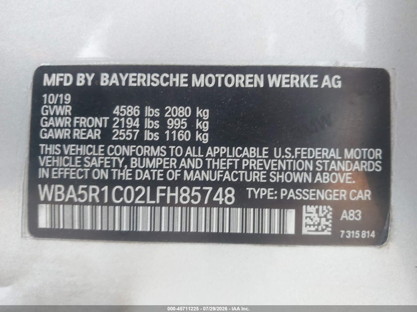 2020 BMW 3er VIN WBA5R1C02LFH85748 IAAI salvage auction — FRONT END, Original (Texas), sold $8,300 on 2026-09-24 (photo 9)