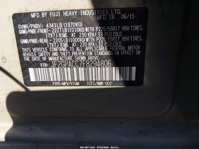 2015 Subaru Xv VIN JF2GPACC7F8294806 IAAI salvage auction — NORMAL WEAR, Clear-Dealer Only (Arizona), sold $1,150 on 2026-07-28 (photo 9)