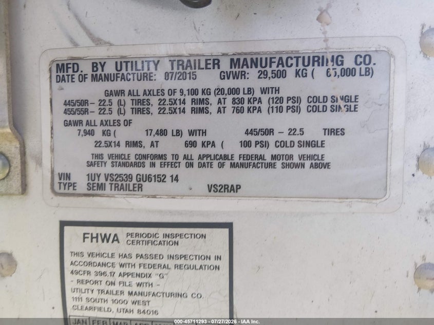 2016 Utility trailer mfg Unknown VIN 1UYVS2539GU615214 IAAI salvage auction — REAR END, Clear (Arkansas), sold $10,850 on 2026-09-02 (photo 9)