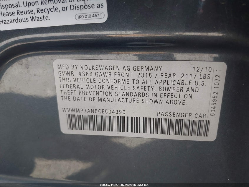2012 Volkswagen Passat cc VIN WVWMP7AN5CE504390 IAAI salvage auction — FRONT END, Wait Title, sold $1,300 on 2026-08-20 (photo 9)