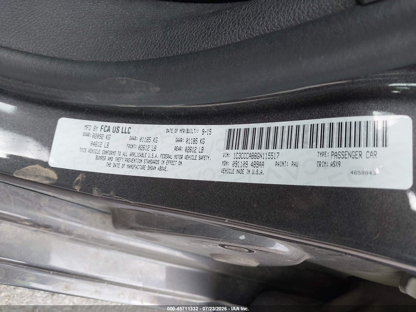 2016 Chrysler 200 VIN 1C3CCCAB8GN115517 IAAI salvage auction — LEFT FRONT, Salvage Title, sold $725 on 2026-09-30 (photo 9)