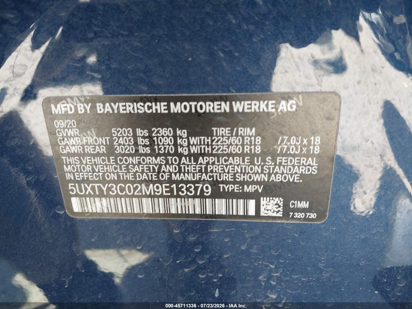2021 BMW X3 VIN 5UXTY3C02M9E13379 IAAI salvage auction — RIGHT REAR, Wait Title, sold $10,500 on 2026-10-06 (photo 9)