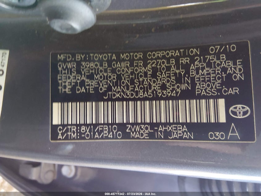 2010 Toyota Prius VIN JTDKN3DU8A5193947 IAAI salvage auction — NORMAL WEAR, Clear-Dealer Only (Arizona), sold $700 on 2026-07-28 (photo 9)