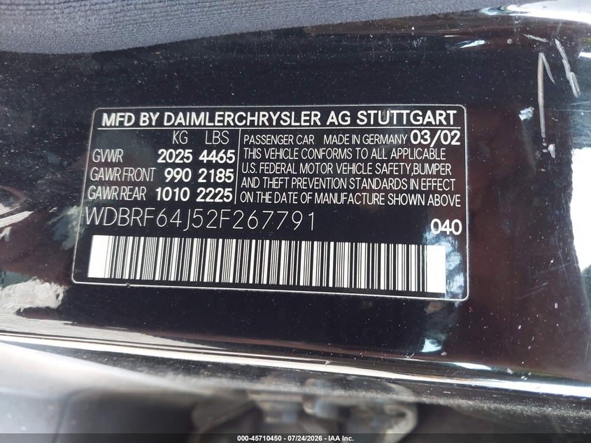2002 Mercedes-benz C class VIN WDBRF64J52F267791 IAAI salvage auction — MECHANICAL, Clear (New York), sold $25 on 2026-07-29 (photo 9)