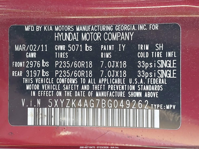 2011 Hyundai Santa fe VIN 5XYZK4AG7BG049262 IAAI salvage auction — NORMAL WEAR, Clear (Florida), sold $125 on 2026-07-29 (photo 9)