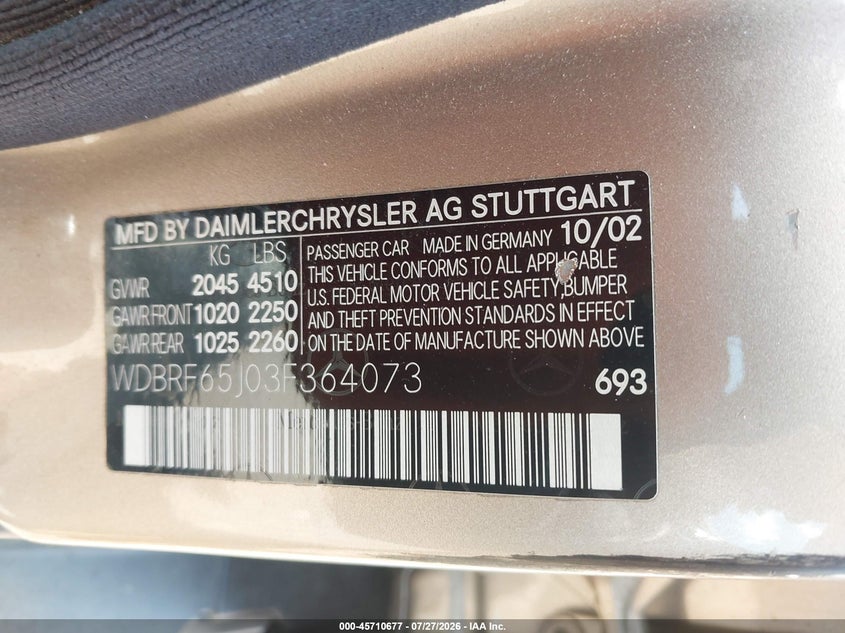 2003 Mercedes-benz C class VIN WDBRF65J03F364073 IAAI salvage auction — NORMAL WEAR, Clear (Mississippi), sold $5,550 on 2026-08-05 (photo 9)