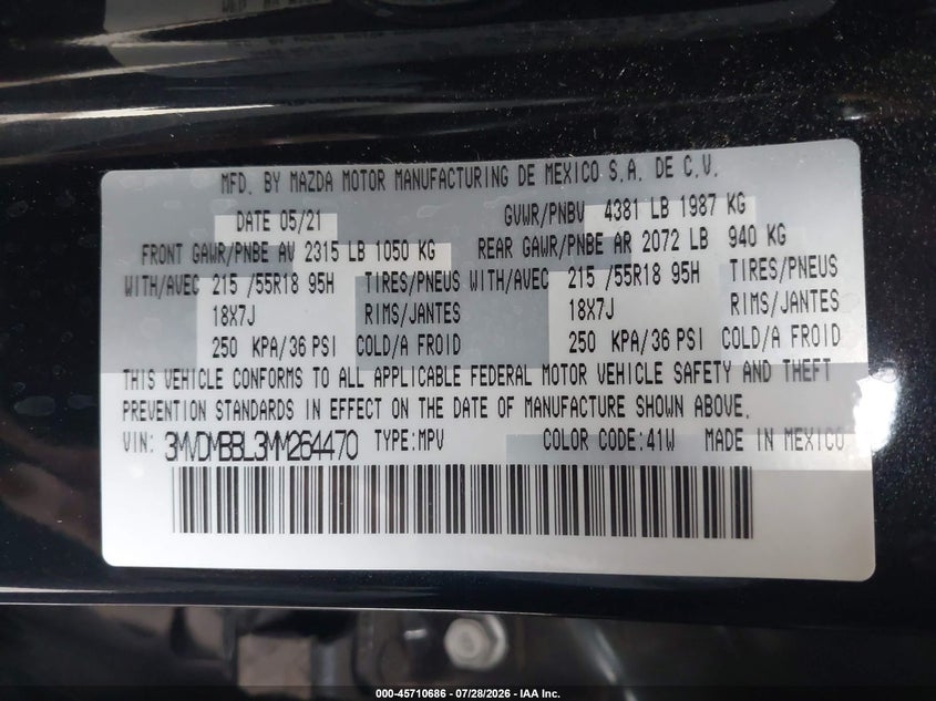 2021 Mazda Cx-30 VIN 3MVDMBBL3MM264470 IAAI salvage auction — FRONT END, Salvage (Arizona), sold $4,050 on 2026-07-31 (photo 9)