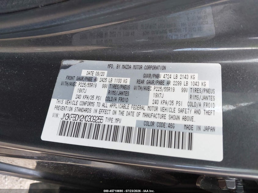 2021 Mazda Cx-5 VIN JM3KFBDM2M0309255 IAAI salvage auction — FRONT END, Salvage (Indiana), sold $6,500 on 2026-08-27 (photo 9)