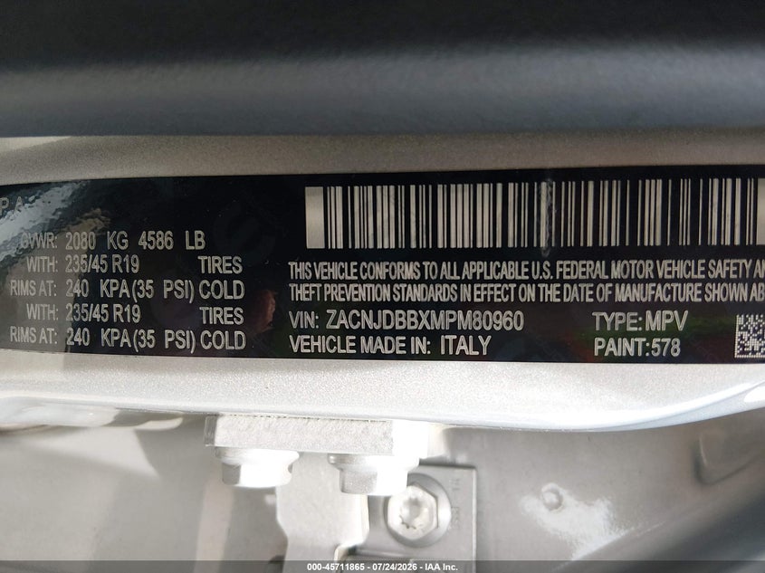 2021 Jeep Renegade VIN ZACNJDBBXMPM80960 IAAI salvage auction — SIDE, Salvage Title, sold $2,550 on 2026-08-14 (photo 9)