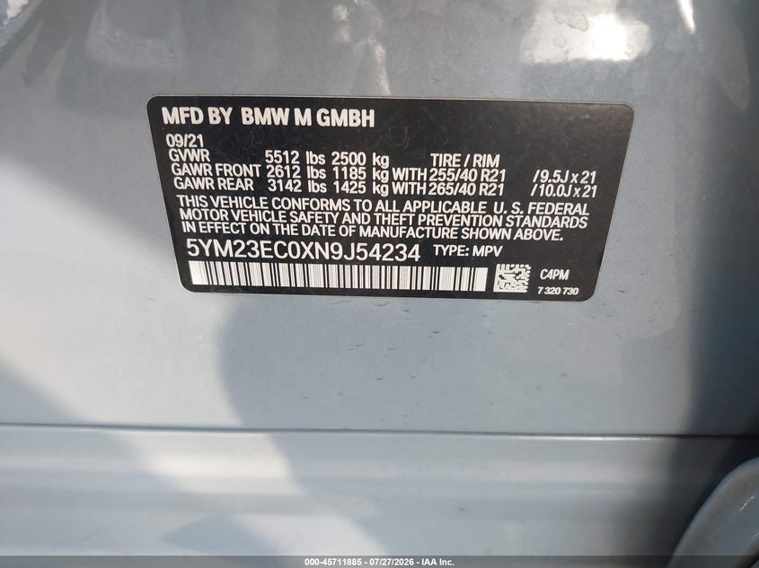 2022 BMW X4 m VIN 5YM23EC0XN9J54234 IAAI salvage auction — SIDE, Salvage Title, sold $31,325 on 2026-08-21 (photo 9)