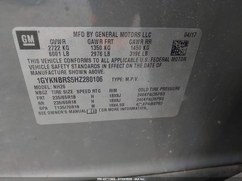 2017 Cadillac Xt5 VIN 1GYKNBRS5HZ280106 IAAI salvage auction — REAR END, Original (Texas), sold $4,200 on 2026-09-03 (photo 9)