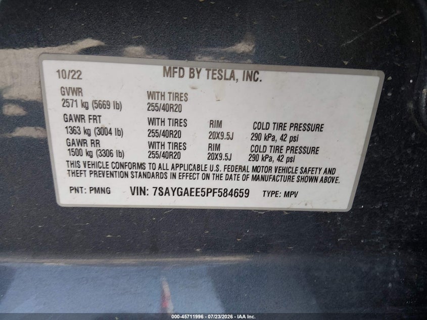 2023 Tesla Model y VIN 7SAYGAEE5PF584659 IAAI salvage auction — ALL OVER, Salvage Title, sold $10,100 on 2026-09-02 (photo 9)