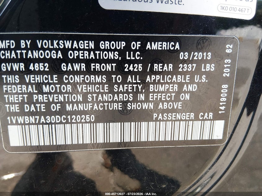 2013 Volkswagen Passat VIN 1VWBN7A30DC120250 IAAI salvage auction — NORMAL WEAR, Clear (Illinois), sold $975 on 2026-09-01 (photo 9)