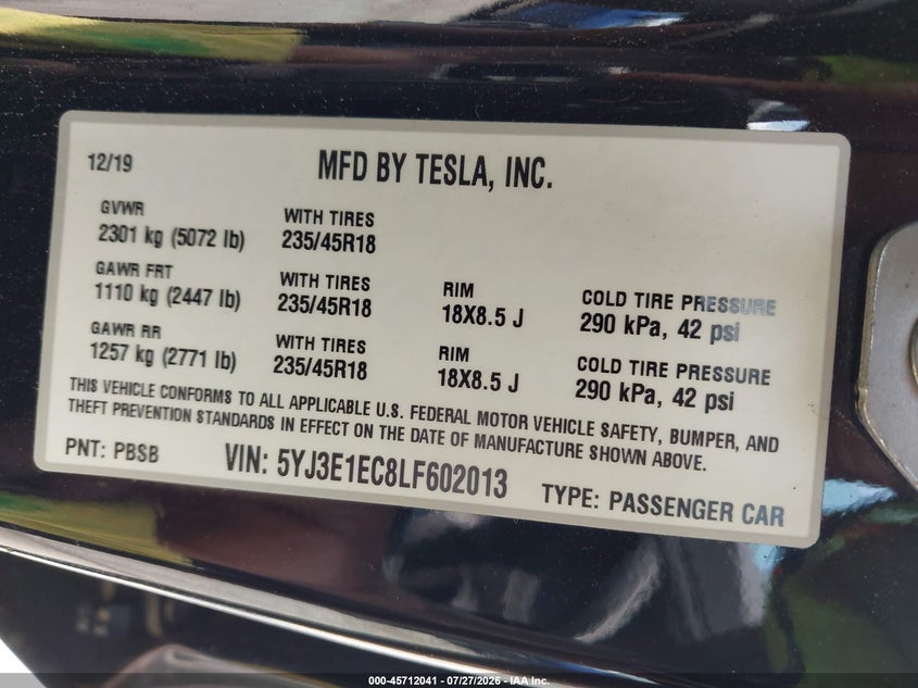 2020 Tesla Model 3 VIN 5YJ3E1EC8LF602013 IAAI salvage auction — REAR END, Salvage (North Carolina), sold $3,300 on 2026-08-31 (photo 9)