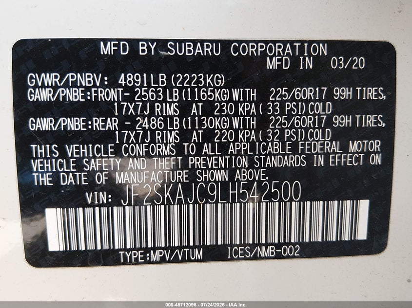 2020 Subaru Forester VIN JF2SKAJC9LH542500 IAAI salvage auction — RIGHT SIDE, Salvage Title, sold $4,650 on 2026-09-15 (photo 9)