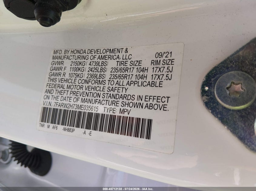2021 Honda Cr-v VIN 7FARW2H73ME035615 IAAI salvage auction — FRONT END, Wait Title, sold $7,400 on 2026-08-19 (photo 9)