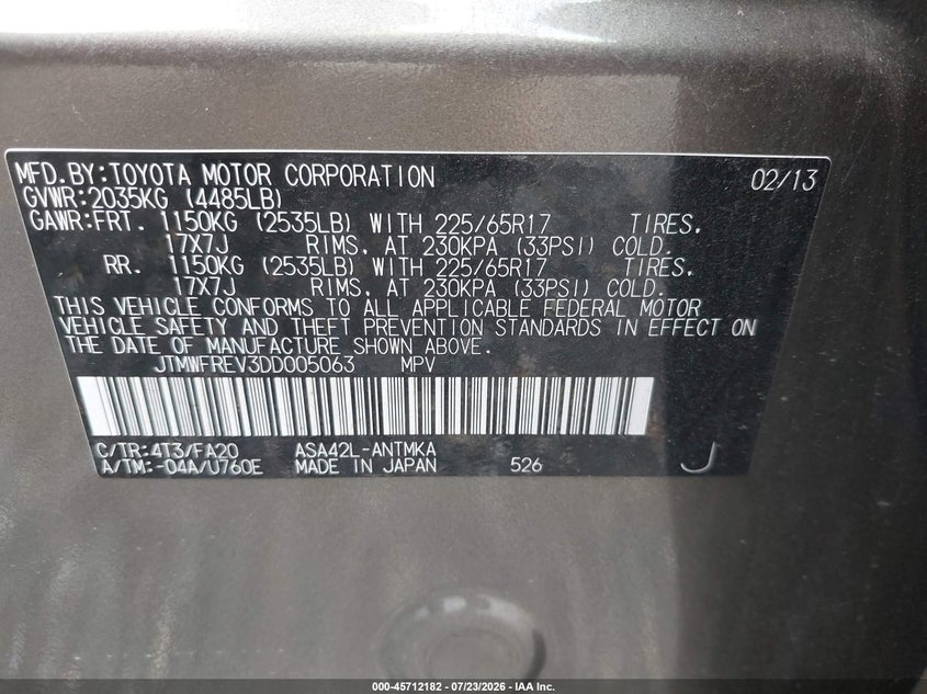 2013 Toyota Rav4 VIN JTMWFREV3DD005063 IAAI salvage auction — NORMAL WEAR, Clear (Alabama), sold $325 on 2026-07-29 (photo 9)
