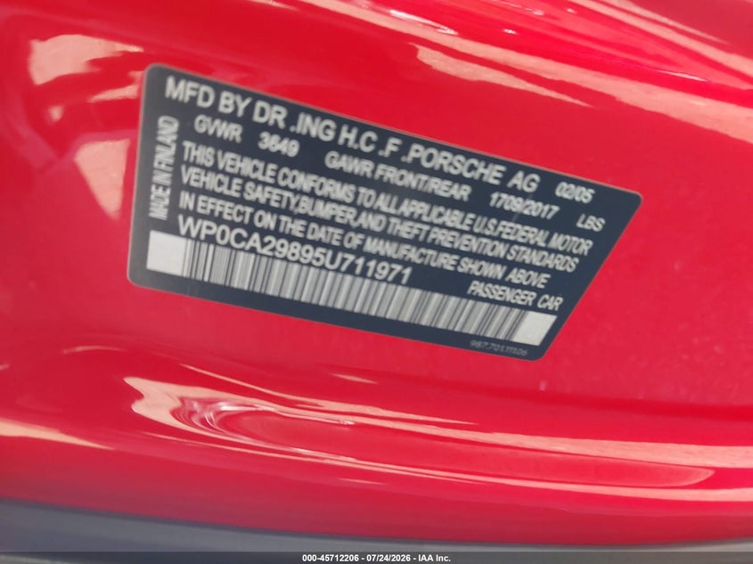 2005 Porsche Boxster VIN WP0CA29895U711971 IAAI salvage auction — LEFT FRONT, Salvage Certificate (California), sold $4,225 on 2026-08-11 (photo 9)