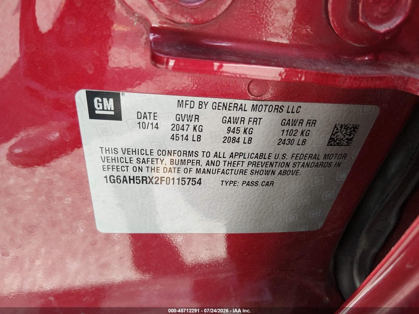 2015 Cadillac Ats VIN 1G6AH5RX2F0115754 IAAI salvage auction — LEFT SIDE, Wait Title, sold $2,325 on 2026-09-04 (photo 9)