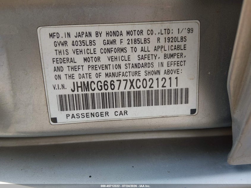 1999 Honda Accord VIN JHMCG6677XC021211 IAAI salvage auction — ALL OVER, Clear (Idaho), sold $775 on 2026-07-31 (photo 9)