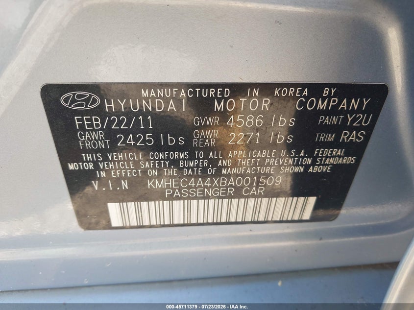 2011 Hyundai Sonata hybrid VIN KMHEC4A4XBA001509 IAAI salvage auction — NORMAL WEAR, Repossession Paperwork (Georgia), sold $25 on 2026-07-30 (photo 9)