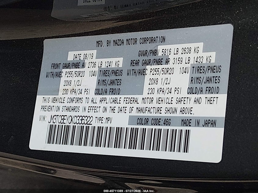 2019 Mazda Cx-9 VIN JM3TCBEY0K0336322 IAAI salvage auction — HAIL, Salvage (Colorado), sold $10,750 on 2026-09-01 (photo 9)