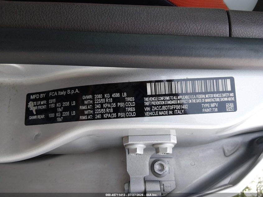 2015 Jeep Renegade VIN ZACCJBDT0FPB61492 IAAI salvage auction — NORMAL WEAR, Clear (Maryland), sold $1,550 on 2026-07-30 (photo 9)