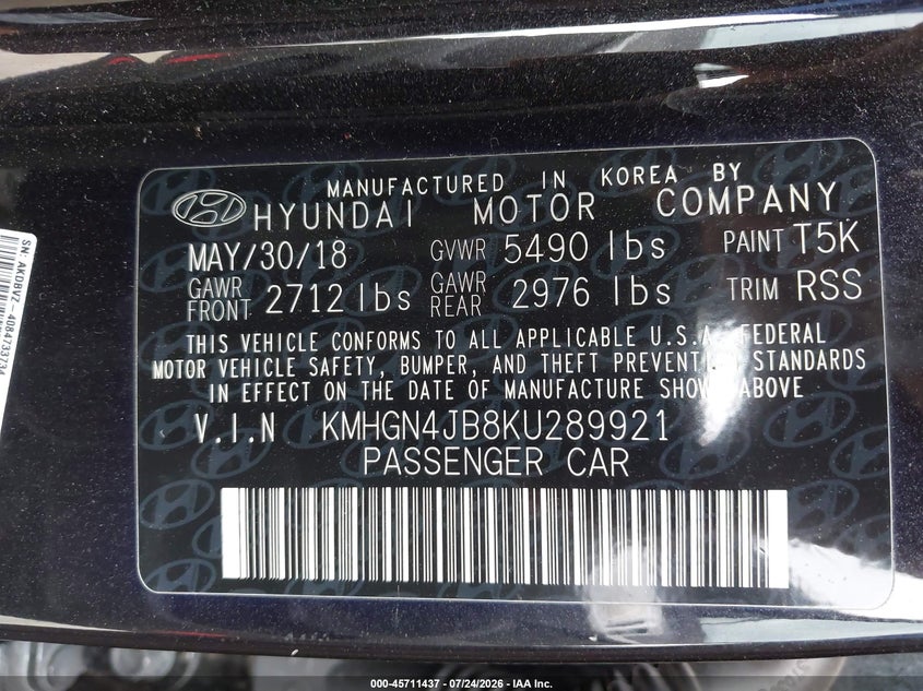 2019 Genesis G80 VIN KMHGN4JB8KU289921 IAAI salvage auction — REAR END, Salvage Title, sold $12,300 on 2026-09-22 (photo 9)