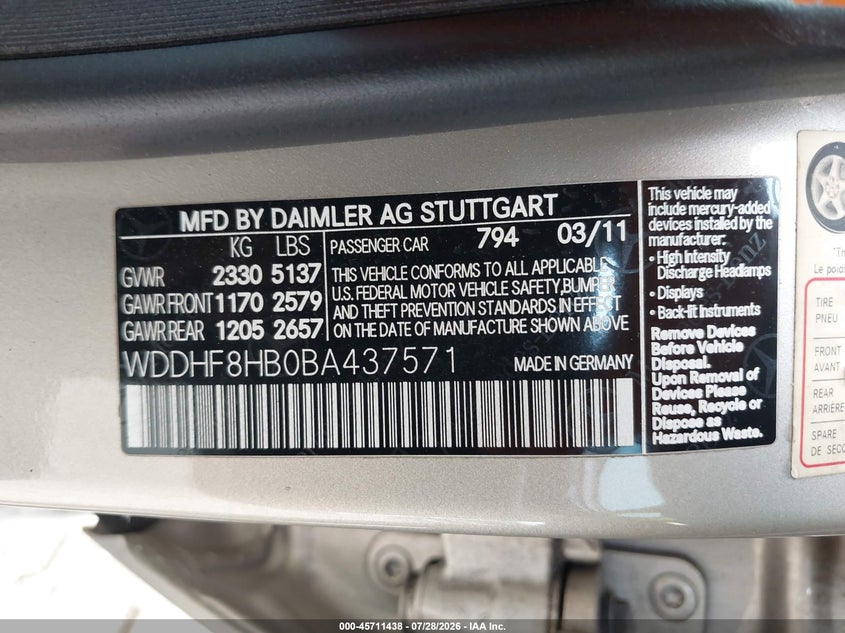 2011 Mercedes-benz E-class VIN WDDHF8HB0BA437571 IAAI salvage auction — ELECTRICAL, Salvage (Pennsylvania), sold $1,100 on 2026-08-10 (photo 9)