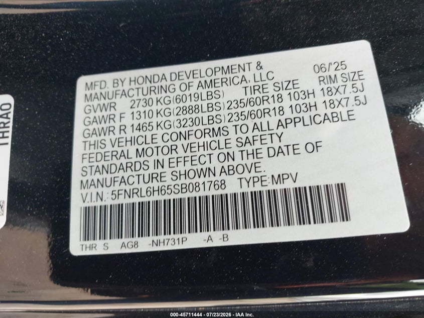 2025 Honda Odyssey VIN 5FNRL6H65SB081768 IAAI salvage auction — REAR END, Enterprise Vehicles Clear Only (New York), sold $13,100 on 2026-07-30 (photo 9)