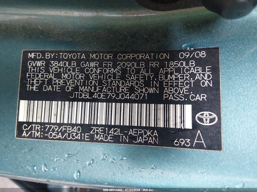2009 Toyota Corolla VIN JTDBL40E79J044071 IAAI salvage auction — NORMAL WEAR, Clear (Virginia), sold $1,675 on 2026-08-01 (photo 9)
