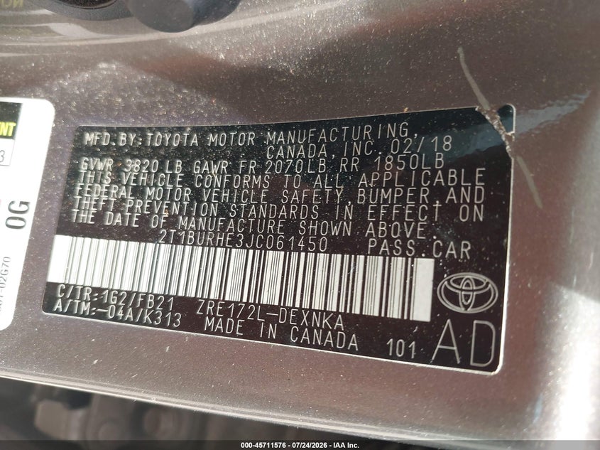 2018 Toyota Corolla VIN 2T1BURHE3JC061450 IAAI salvage auction — FRONT & REAR, Wait Title, sold $775 on 2026-08-27 (photo 9)