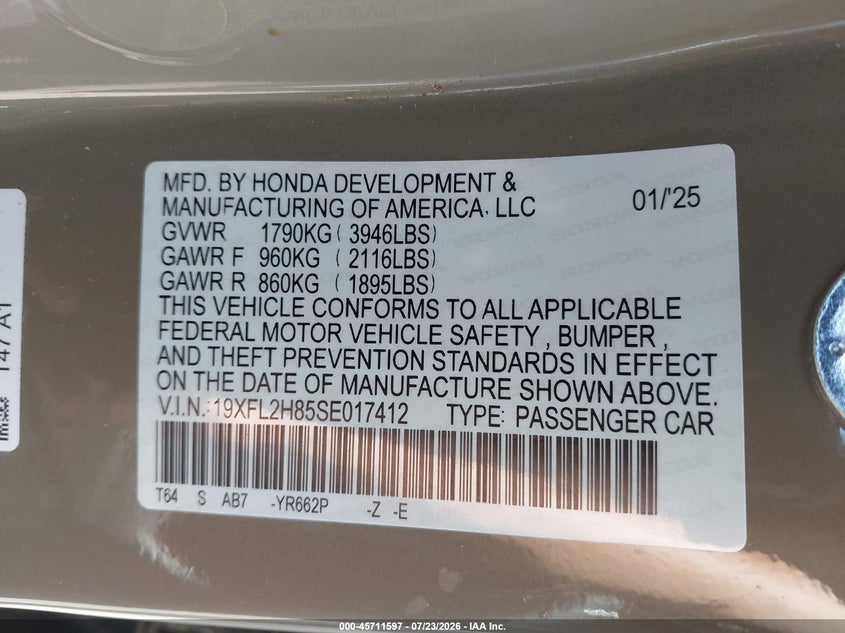 2025 Honda Civic VIN 19XFL2H85SE017412 IAAI salvage auction — RIGHT FRONT, Nrc Lienholder Repossession Paperwork (California), sold $13,950 on 2026-08-26 (photo 9)
