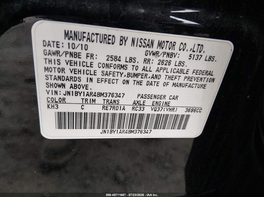 2011 Infiniti M37 VIN JN1BY1AR4BM376347 IAAI salvage auction — NORMAL WEAR, Clear (Illinois), sold $475 on 2026-07-28 (photo 9)