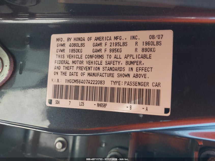 2007 Honda Accord VIN 1HGCM56407A222083 IAAI salvage auction — REAR END, Salvage (California), sold $825 on 2026-08-03 (photo 9)
