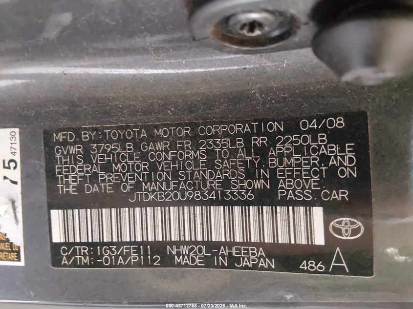2008 Toyota Prius VIN JTDKB20U983413336 IAAI salvage auction — NORMAL WEAR, Clear (Virginia), sold $300 on 2026-07-28 (photo 9)
