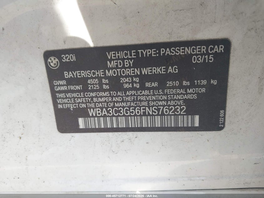 2015 BMW 3 series VIN WBA3C3G56FNS76232 IAAI salvage auction — NORMAL WEAR, Clear (Pennsylvania), sold $1,025 on 2026-08-04 (photo 9)
