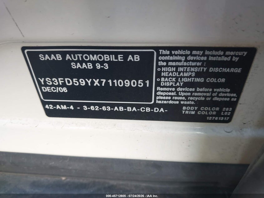 2007 Saab 9-3 VIN YS3FD59YX71109051 IAAI salvage auction — SIDE, Salvage (Ohio), sold $200 on 2026-08-07 (photo 9)