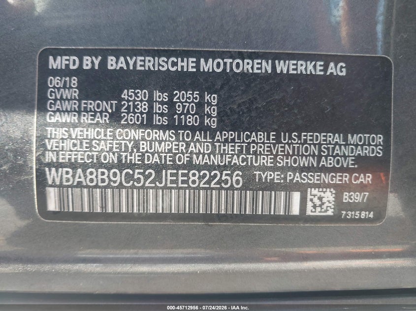 2018 BMW 3er VIN WBA8B9C52JEE82256 IAAI salvage auction — REAR END, Salvage Title, sold $5,275 on 2026-08-17 (photo 9)