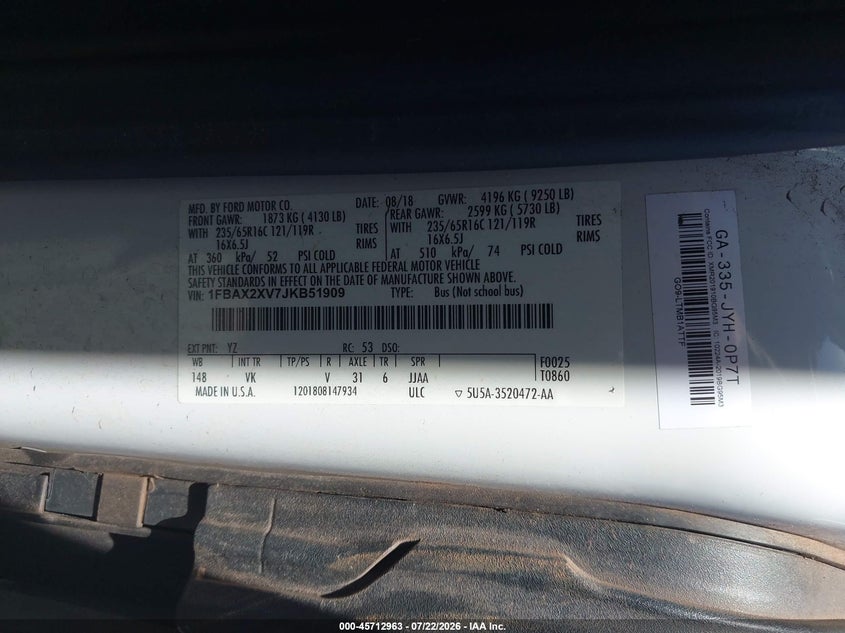 2018 Ford Transit-350 VIN 1FBAX2XV7JKB51909 IAAI salvage auction — NORMAL WEAR, Sf97 (Hawaii), sold $19,500 on 2026-09-01 (photo 9)