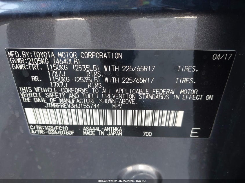 2017 Toyota Rav 4 VIN JTMRFREV3HJ155744 IAAI salvage auction — REAR END, Salvage (Arizona), sold $4,650 on 2026-08-03 (photo 9)