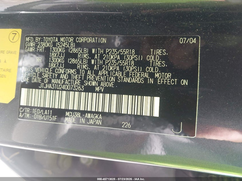 2004 Lexus Rx 330 VIN JTJHA31U240073263 IAAI salvage auction — NORMAL WEAR, Clear - Dealer Only (California), sold $450 on 2026-07-30 (photo 9)