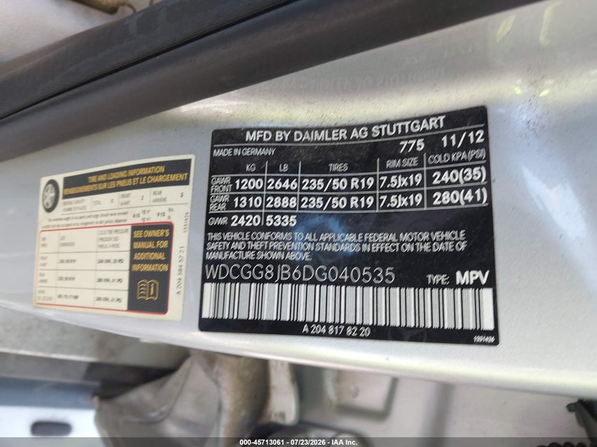 2013 Mercedes-benz Glk-klasse VIN WDCGG8JB6DG040535 IAAI salvage auction — REAR END, Salvage (California), sold $3,600 on 2026-08-13 (photo 9)